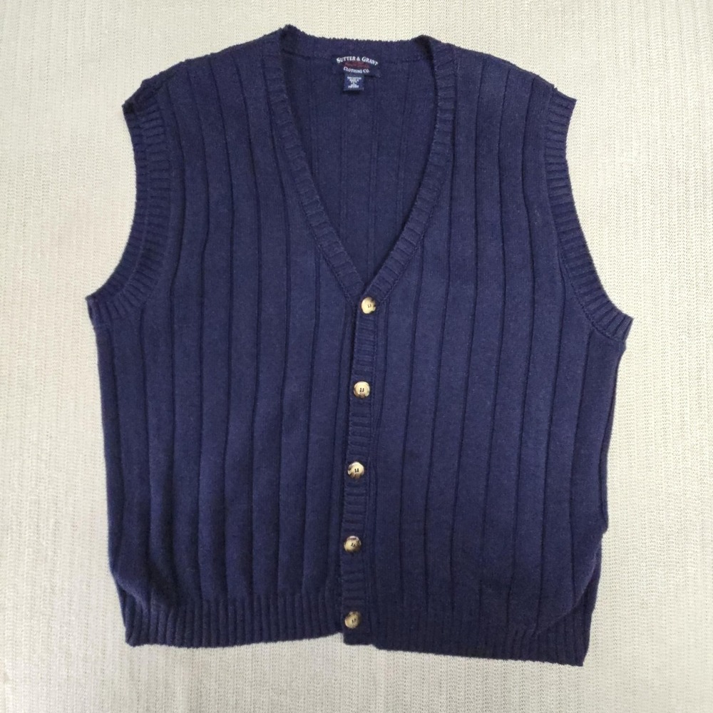 Sutter & Grant Sweater Vest Mens Large Navy 100% Cotton V Neck Button Up USA